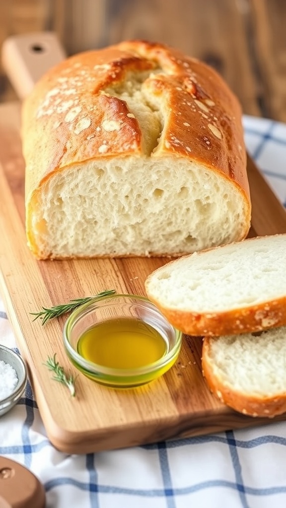 A golden crusted gluten-free sourdough bread loaf sliced on a wooden board with olive oil and herbs.